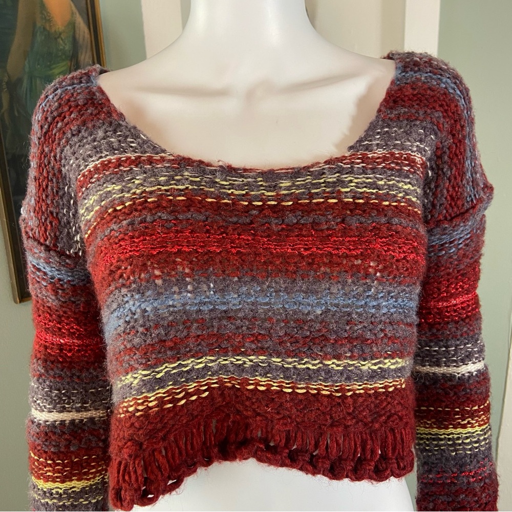 Free People Nordic Red Gray Striped Cropped Bell Sleeve Sweater Small S Chunky - Picture 6 of 14